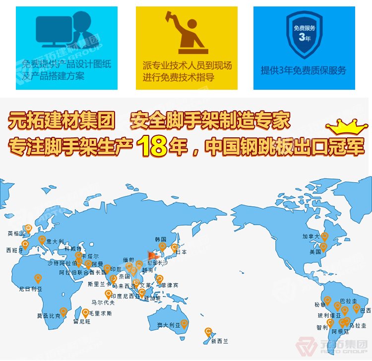元拓建材集團(tuán)，安全腳手架制造專家！專注腳手架生產(chǎn)18年，中國(guó)鋼跳板出口冠軍！